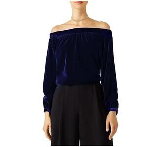 L'Academie Navy Blue Velvet Off Shoulder Elegant Top NEW Medium